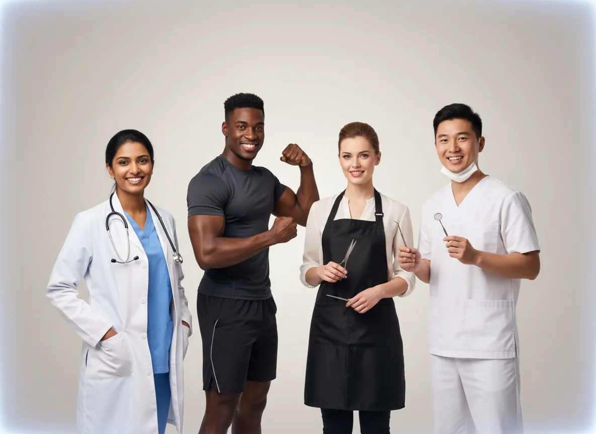 Service business staff with happy clients